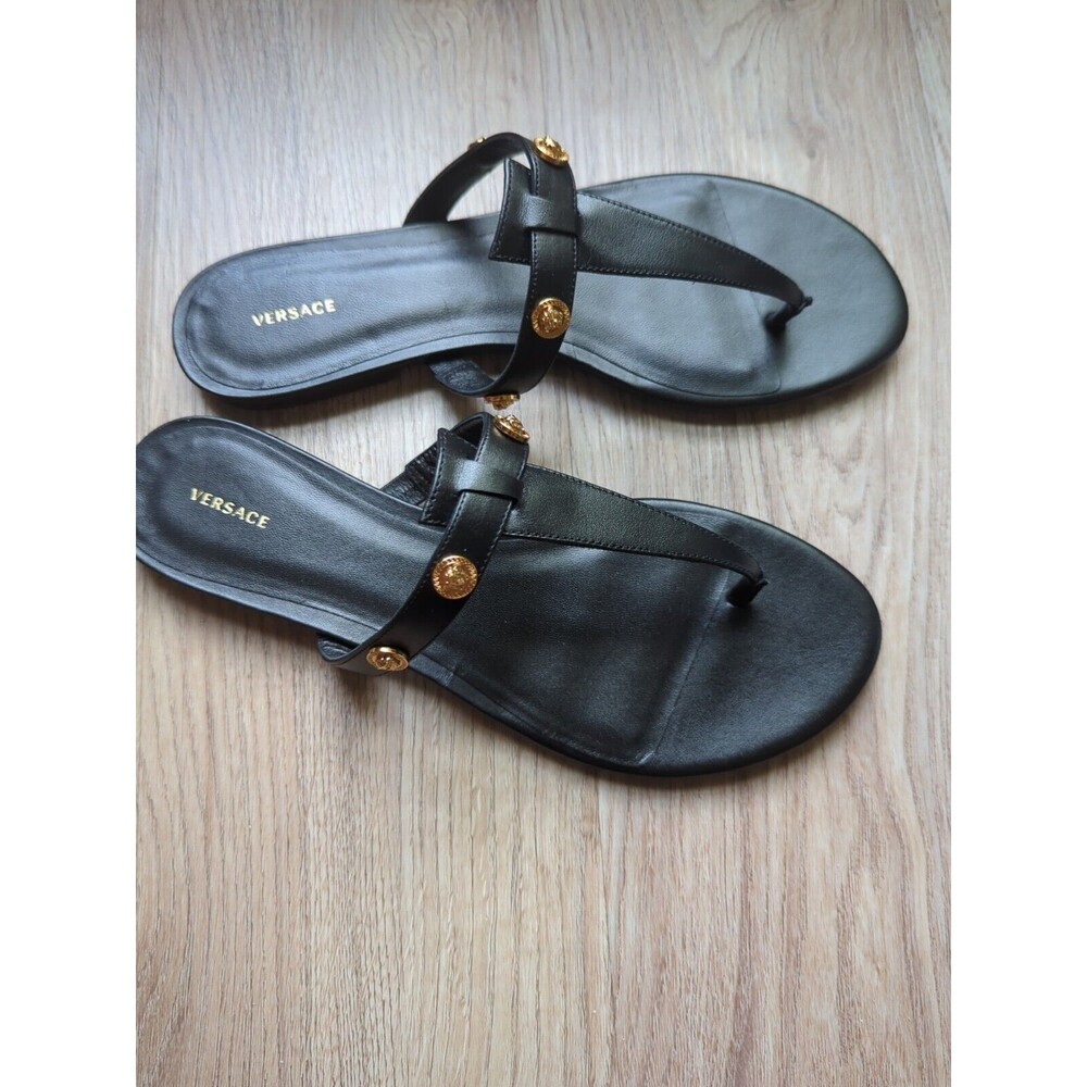 Versace Medusa Studs Flat Thong Sandals Black Leather Womens 10 EU 40 DST669CS - Picture 7 of 14